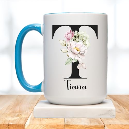 Custom Initial Coffee Mug with Name, Custom Coffee Mug Personalized Mugs for Women Floral Monogram Gifts for Women Customizable Tea Cup Tazas Personalizadas Custom Made Coffee Mugs Customized