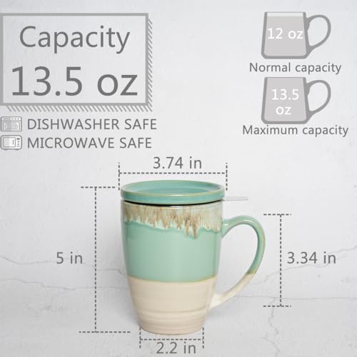 Bosmarlin Ceramic Tea Cup with Infuser and Lid, 13.5 Oz, 5 Colors to Choose, Dishwasher and Microwave Safe, Reactive Glaze, Steeping Tea Mug with Strainer (Green)