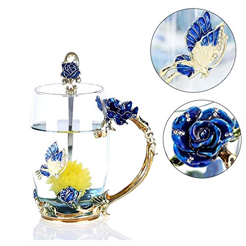 DasyFly Enamel Glass Tea Cup Blue Rose Coffee Mug,Personalized Gifts for Birthday Mothers Day Anniversary Christmas For Mom,Women,Wife,Coworker,Friend,Female,Sister,Girlfriend,Grandma