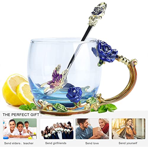 Butterfly Flower Glass Tea Cup, Handmade Enamels Rose Coffee Mugs with Spoon, Personalized Unique Gift for Her Women Mom Grandma Wife Friends Birthday Mothers Valentines Day Wedding(Blue-Short)