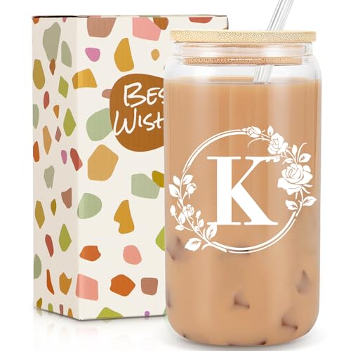 Ini-tial Glass Cup - Gifts for Women - 16 Oz Glass Cups W/Lids Straws, Glass Tumbler Monogrammed Gifts, Iced Coffee Cups - Personalized Customized Cute Gifts Mothers Day, Birthday Gifts for Her Mom, K
