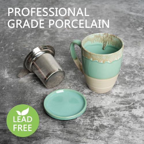 Bosmarlin Ceramic Tea Cup with Infuser and Lid, 13.5 Oz, 5 Colors to Choose, Dishwasher and Microwave Safe, Reactive Glaze, Steeping Tea Mug with Strainer (Green)