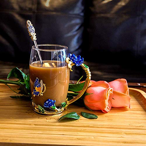 DasyFly Enamel Glass Tea Cup Blue Rose Coffee Mug,Personalized Gifts for Birthday Mothers Day Anniversary Christmas For Mom,Women,Wife,Coworker,Friend,Female,Sister,Girlfriend,Grandma