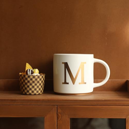 COLLECTIVE HOME - Monogram Ceramic Mugs, 15 oz Golden Initial Coffee Cups, Elegant Alphabet Tea Mugs, Elegant Personalized Mug with Gift Box, Unique Mug with Double Side Capital Letter (M)