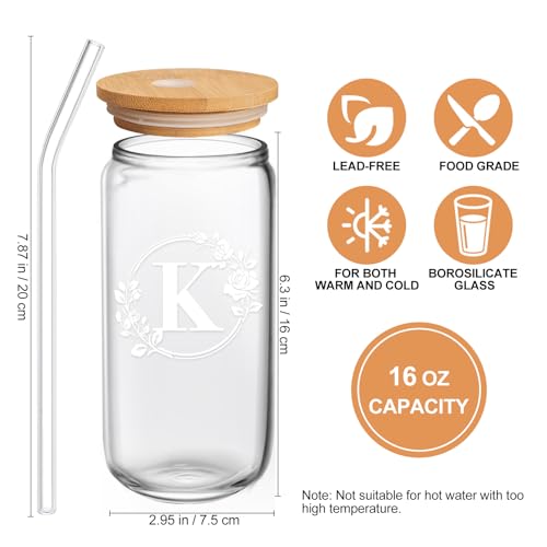 Ini-tial Glass Cup - Gifts for Women - 16 Oz Glass Cups W/Lids Straws, Glass Tumbler Monogrammed Gifts, Iced Coffee Cups - Personalized Customized Cute Gifts Mothers Day, Birthday Gifts for Her Mom, K