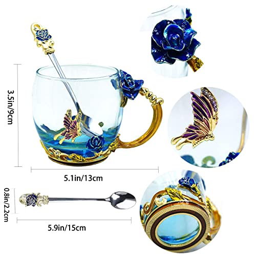 Butterfly Flower Glass Tea Cup, Handmade Enamels Rose Coffee Mugs with Spoon, Personalized Unique Gift for Her Women Mom Grandma Wife Friends Birthday Mothers Valentines Day Wedding(Blue-Short)