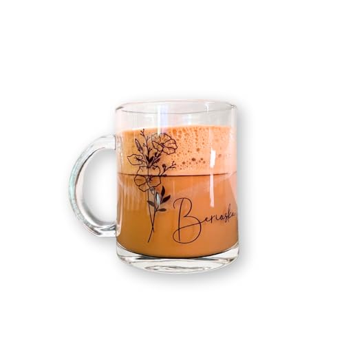 Personalized Glass Coffee Mug | Coffee Glass Cup | Glass Coffee Mug | Clear Glass Mug Custom Name Gifts for Women | Glass Coffee Mug with Custom Name (Birth Flower Month)