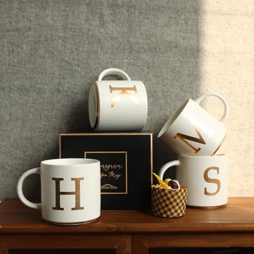 COLLECTIVE HOME - Monogram Ceramic Mugs, 15 oz Golden Initial Coffee Cups, Elegant Alphabet Tea Mugs, Elegant Personalized Mug with Gift Box, Unique Mug with Double Side Capital Letter (M)