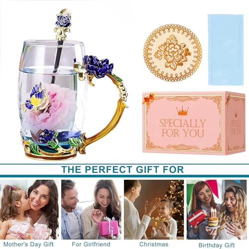 DasyFly Enamel Glass Tea Cup Blue Rose Coffee Mug,Personalized Gifts for Birthday Mothers Day Anniversary Christmas For Mom,Women,Wife,Coworker,Friend,Female,Sister,Girlfriend,Grandma