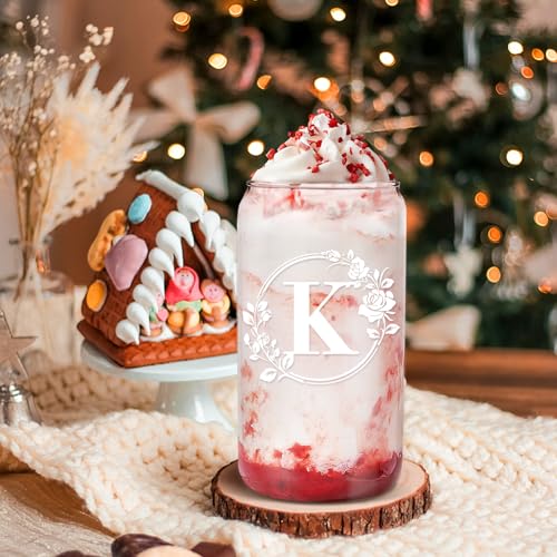 Ini-tial Glass Cup - Gifts for Women - 16 Oz Glass Cups W/Lids Straws, Glass Tumbler Monogrammed Gifts, Iced Coffee Cups - Personalized Customized Cute Gifts Mothers Day, Birthday Gifts for Her Mom, K