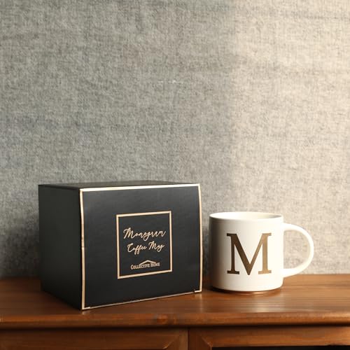 COLLECTIVE HOME - Monogram Ceramic Mugs, 15 oz Golden Initial Coffee Cups, Elegant Alphabet Tea Mugs, Elegant Personalized Mug with Gift Box, Unique Mug with Double Side Capital Letter (M)