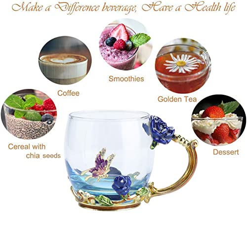 Butterfly Flower Glass Tea Cup, Handmade Enamels Rose Coffee Mugs with Spoon, Personalized Unique Gift for Her Women Mom Grandma Wife Friends Birthday Mothers Valentines Day Wedding(Blue-Short)