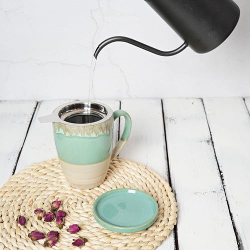 Bosmarlin Ceramic Tea Cup with Infuser and Lid, 13.5 Oz, 5 Colors to Choose, Dishwasher and Microwave Safe, Reactive Glaze, Steeping Tea Mug with Strainer (Green)