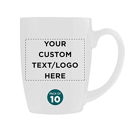 Custom Curved Java Coffee Mug Set - 10 Pack - Personalized Logo, Text - 12 Oz. - Stoneware Restaurant Cups - White
