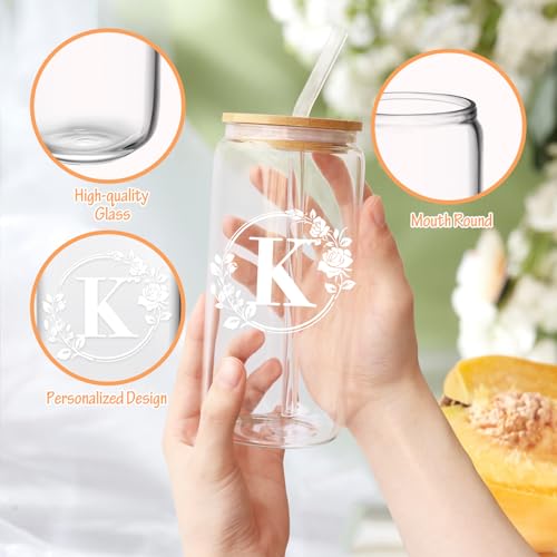 Ini-tial Glass Cup - Gifts for Women - 16 Oz Glass Cups W/Lids Straws, Glass Tumbler Monogrammed Gifts, Iced Coffee Cups - Personalized Customized Cute Gifts Mothers Day, Birthday Gifts for Her Mom, K