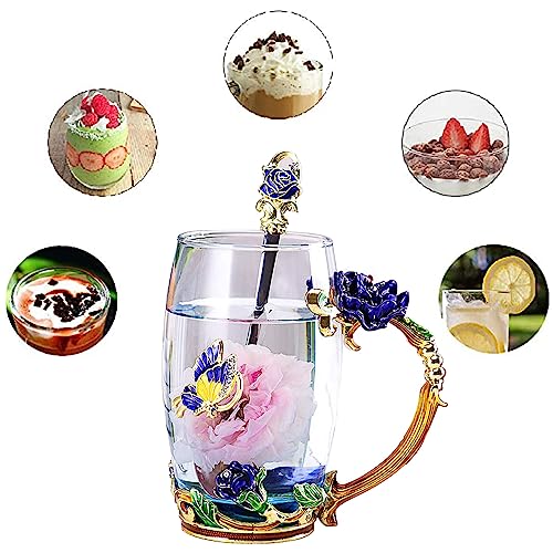 DasyFly Enamel Glass Tea Cup Blue Rose Coffee Mug,Personalized Gifts for Birthday Mothers Day Anniversary Christmas For Mom,Women,Wife,Coworker,Friend,Female,Sister,Girlfriend,Grandma