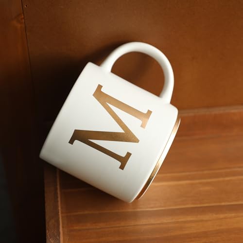 COLLECTIVE HOME - Monogram Ceramic Mugs, 15 oz Golden Initial Coffee Cups, Elegant Alphabet Tea Mugs, Elegant Personalized Mug with Gift Box, Unique Mug with Double Side Capital Letter (M)