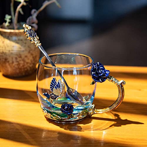 Butterfly Flower Glass Tea Cup, Handmade Enamels Rose Coffee Mugs with Spoon, Personalized Unique Gift for Her Women Mom Grandma Wife Friends Birthday Mothers Valentines Day Wedding(Blue-Short)