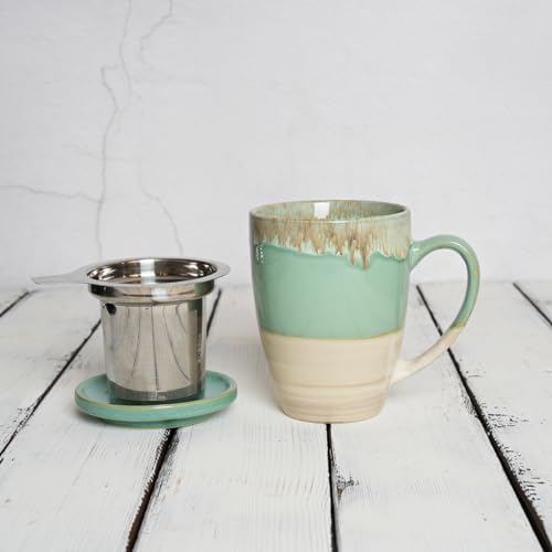 Bosmarlin Ceramic Tea Cup with Infuser and Lid, 13.5 Oz, 5 Colors to Choose, Dishwasher and Microwave Safe, Reactive Glaze, Steeping Tea Mug with Strainer (Green)