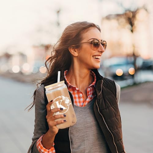 Ini-tial Glass Cup - Gifts for Women - 16 Oz Glass Cups W/Lids Straws, Glass Tumbler Monogrammed Gifts, Iced Coffee Cups - Personalized Customized Cute Gifts Mothers Day, Birthday Gifts for Her Mom, K