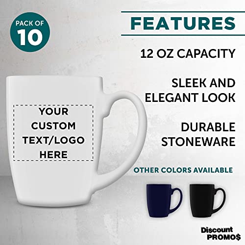 Custom Curved Java Coffee Mug Set - 10 Pack - Personalized Logo, Text - 12 Oz. - Stoneware Restaurant Cups - White