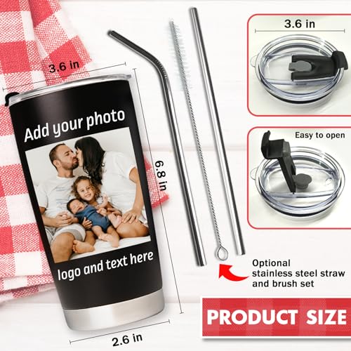 Petalsun Personalized Coffee Tumbler with Pictures Text Name, Custom Stainless Steel tumbler with lid and straw, Coffee Travel Mug Cup 20 Oz, Personalized Birthday Gifts for Mom Dad Friends office