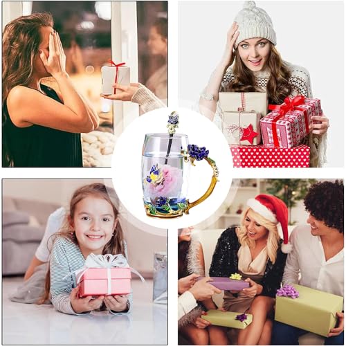 DasyFly Enamel Glass Tea Cup Blue Rose Coffee Mug,Personalized Gifts for Birthday Mothers Day Anniversary Christmas For Mom,Women,Wife,Coworker,Friend,Female,Sister,Girlfriend,Grandma