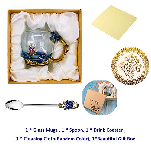 Butterfly Flower Glass Tea Cup, Handmade Enamels Rose Coffee Mugs with Spoon, Personalized Unique Gift for Her Women Mom Grandma Wife Friends Birthday Mothers Valentines Day Wedding(Blue-Short)