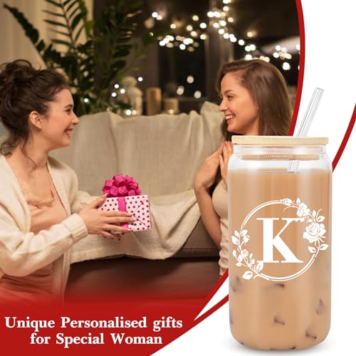 Ini-tial Glass Cup - Gifts for Women - 16 Oz Glass Cups W/Lids Straws, Glass Tumbler Monogrammed Gifts, Iced Coffee Cups - Personalized Customized Cute Gifts Mothers Day, Birthday Gifts for Her Mom, K