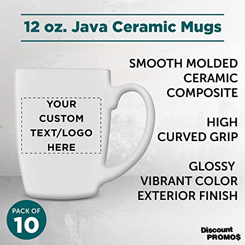 Custom Curved Java Coffee Mug Set - 10 Pack - Personalized Logo, Text - 12 Oz. - Stoneware Restaurant Cups - White