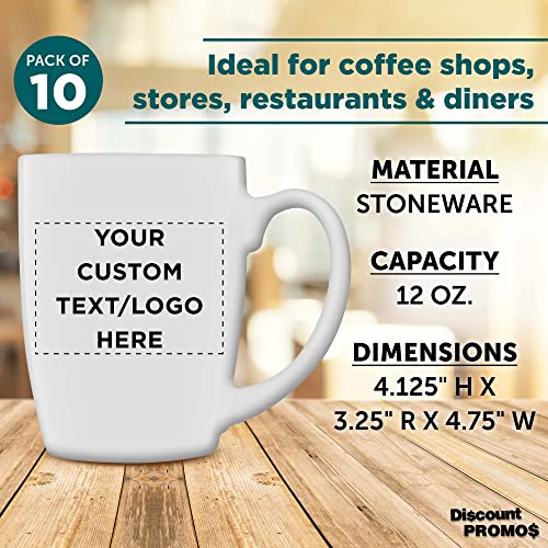 Custom Curved Java Coffee Mug Set - 10 Pack - Personalized Logo, Text - 12 Oz. - Stoneware Restaurant Cups - White
