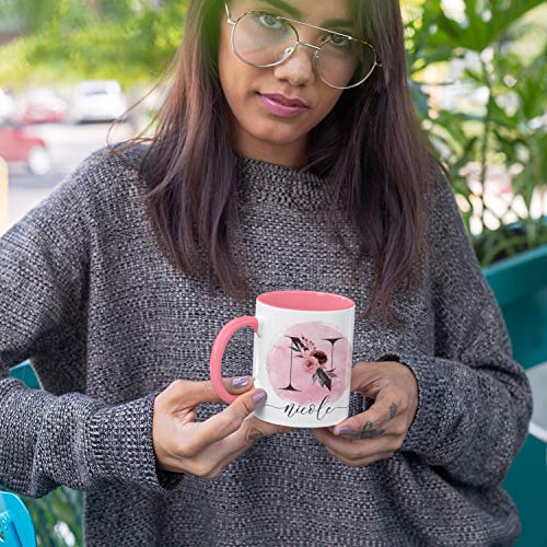 Personalized Coffee Mug w Initial Name Letter, DOUBLE-SIDED - Pink - 11 or 15 Oz - Custom Ceramic Mug, Christmas Gifts for women, Mom, Flower Lover Gifts for Girlfriend, Monogrammed Tea Cup