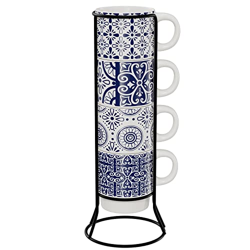 American Atelier Coffee Mug Set with Coffee Mug Rack | Ceramic Coffee Mugs Set of 4 | Stackable Coffee Mugs with Rack | Coffee Cup Set with Coffee Cup Rack | Medallion Blue Design | 14oz Capacity
