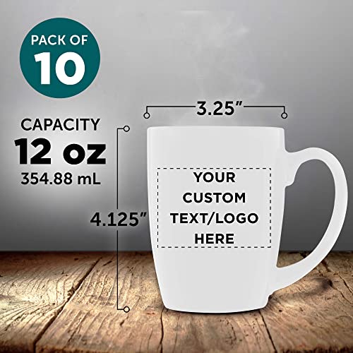 Custom Curved Java Coffee Mug Set - 10 Pack - Personalized Logo, Text - 12 Oz. - Stoneware Restaurant Cups - White