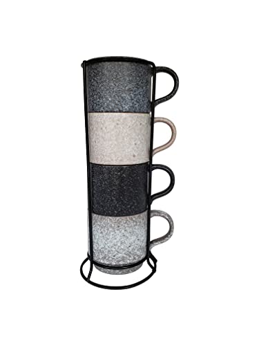 Essential Drinkware 14oz Stackable Ceramic Coffee Mugs with Metal Rack, Assorted Colors - Set of 4 Space Saving Durable Stacking Cups with Speckled Finish