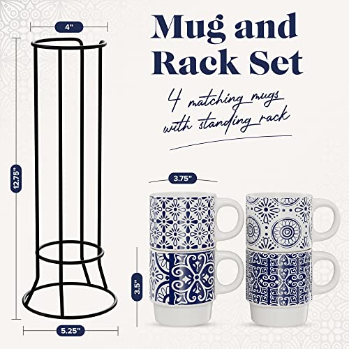 American Atelier Coffee Mug Set with Coffee Mug Rack | Ceramic Coffee Mugs Set of 4 | Stackable Coffee Mugs with Rack | Coffee Cup Set with Coffee Cup Rack | Medallion Blue Design | 14oz Capacity