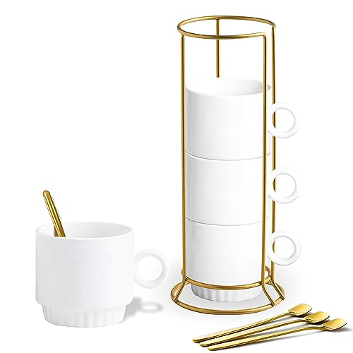 KAYSVENE Stackable Coffee Mugs Set of 4, Ceramic Coffee Mug Set With Spoons and Metal Rack, Dishwasher & Microwave Safe Porcelain Coffee Mugs for Coffee Cocoa Milk, White