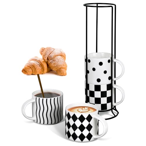 Autubin Ceramic Coffee Mugs Set of 4-15.4 oz Stacked Coffee Mugs with Stand, Large Latte Cups Ceramic for Cappuccino, Hot Cocoa, Juices, Dishwasher & Microwave Safe, Perfect Christmas Gifts!