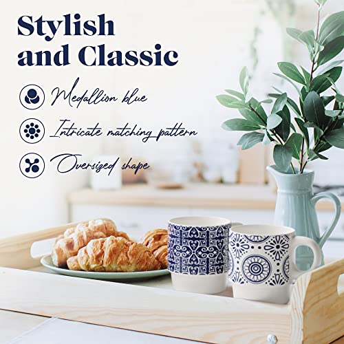 American Atelier Coffee Mug Set with Coffee Mug Rack | Ceramic Coffee Mugs Set of 4 | Stackable Coffee Mugs with Rack | Coffee Cup Set with Coffee Cup Rack | Medallion Blue Design | 14oz Capacity