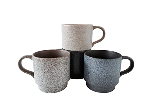 Essential Drinkware 14oz Stackable Ceramic Coffee Mugs with Metal Rack, Assorted Colors - Set of 4 Space Saving Durable Stacking Cups with Speckled Finish