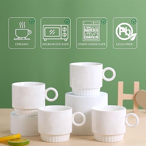 KAYSVENE Stackable Coffee Mugs Set of 4, Ceramic Coffee Mug Set With Spoons and Metal Rack, Dishwasher & Microwave Safe Porcelain Coffee Mugs for Coffee Cocoa Milk, White