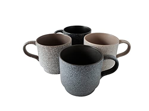 Essential Drinkware 14oz Stackable Ceramic Coffee Mugs with Metal Rack, Assorted Colors - Set of 4 Space Saving Durable Stacking Cups with Speckled Finish