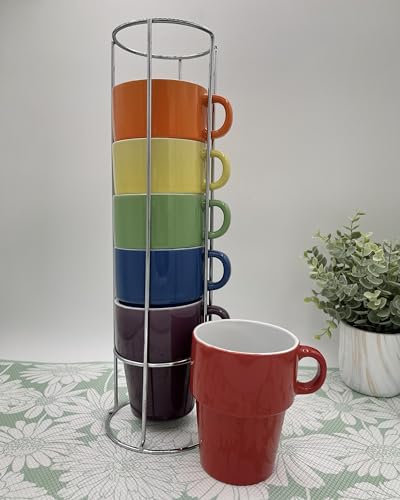 gypsy color The Original Brink House 12 OZ. Cappuccino Stacking Coffee Mug Set with Metal Stand, Multi-Colored Hand-Glazed Ceramic Stoneware