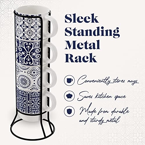 American Atelier Coffee Mug Set with Coffee Mug Rack | Ceramic Coffee Mugs Set of 4 | Stackable Coffee Mugs with Rack | Coffee Cup Set with Coffee Cup Rack | Medallion Blue Design | 14oz Capacity
