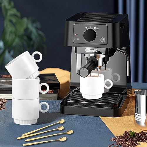 KAYSVENE Stackable Coffee Mugs Set of 4, Ceramic Coffee Mug Set With Spoons and Metal Rack, Dishwasher & Microwave Safe Porcelain Coffee Mugs for Coffee Cocoa Milk, White