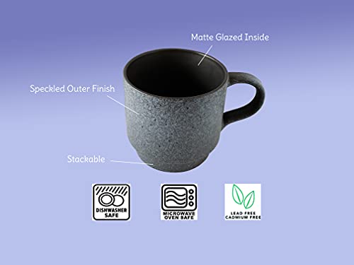 Essential Drinkware 14oz Stackable Ceramic Coffee Mugs with Metal Rack, Assorted Colors - Set of 4 Space Saving Durable Stacking Cups with Speckled Finish
