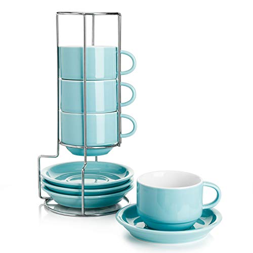 Sweese 8 Ounce Porcelain Stackable Cappuccino Cups with Saucers and Metal Stand - for Specialty Coffee Drinks, Cappuccino, Latte, Americano and Tea - Set of 4, Turquoise