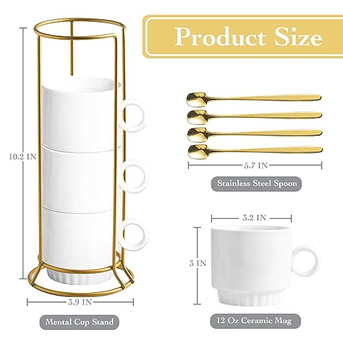 KAYSVENE Stackable Coffee Mugs Set of 4, Ceramic Coffee Mug Set With Spoons and Metal Rack, Dishwasher & Microwave Safe Porcelain Coffee Mugs for Coffee Cocoa Milk, White