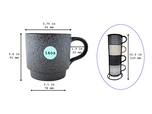 Essential Drinkware 14oz Stackable Ceramic Coffee Mugs with Metal Rack, Assorted Colors - Set of 4 Space Saving Durable Stacking Cups with Speckled Finish