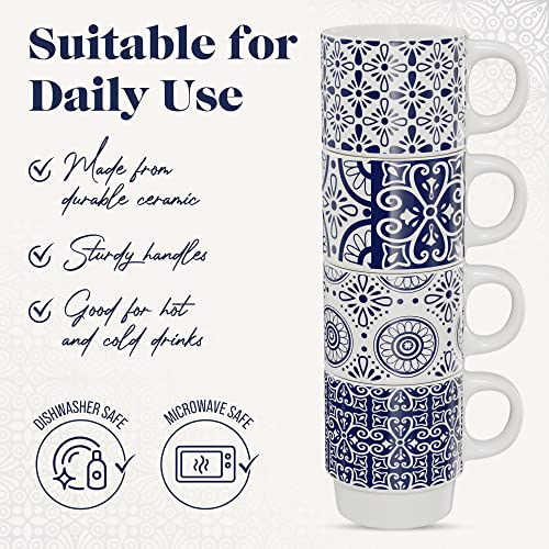 American Atelier Coffee Mug Set with Coffee Mug Rack | Ceramic Coffee Mugs Set of 4 | Stackable Coffee Mugs with Rack | Coffee Cup Set with Coffee Cup Rack | Medallion Blue Design | 14oz Capacity